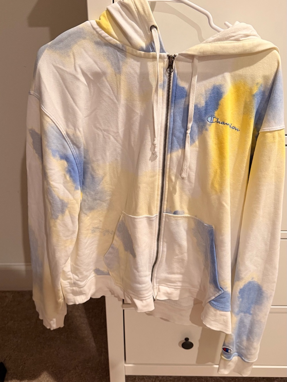 Champion White Tie-Dye Zip Hoodie - Blue & Yellow Accents